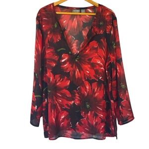 Additions by Chicos Floral Sheer Deep V Neck Long Sleeve Blouse Top Size 3‎